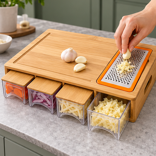 Royeva Bamboo Cutting Board with Storage Trays and Interchangeable Blades