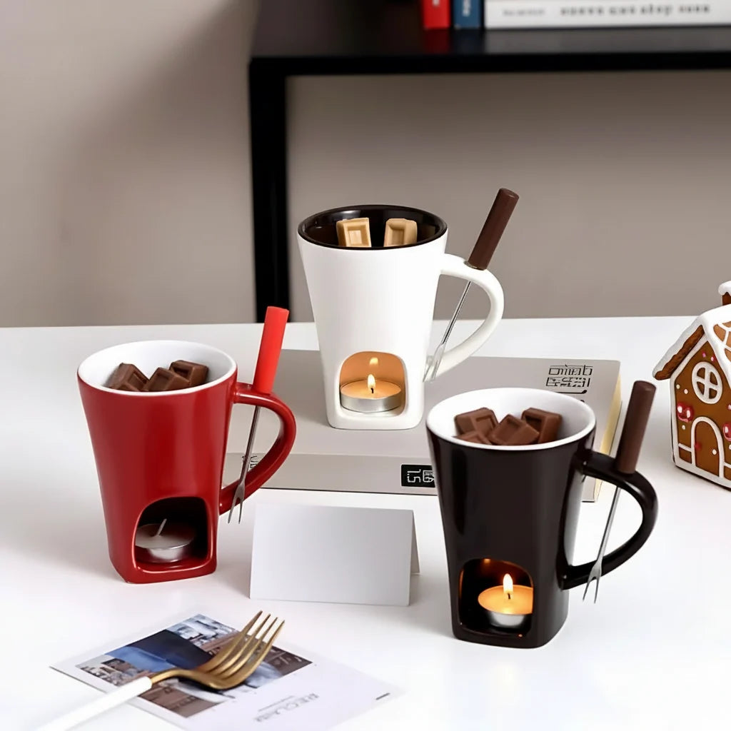 Ceramic Fondue Set Candle Heated Chocolate Cheese Dessert Pot 1