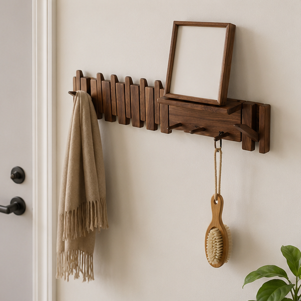 Royora Solid Wood Wall Mounted Coat Rack with Shelf & 4 Hooks for Entryway Organization