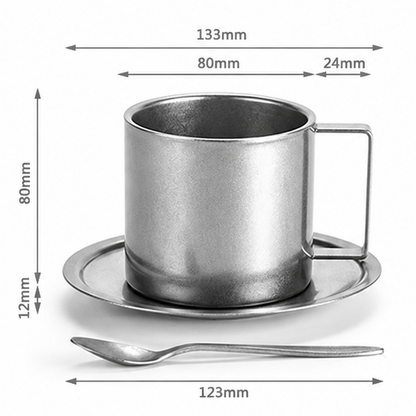 Novara Double Walled Stainless Steel Coffee Cup, Saucer, and Spoon Set