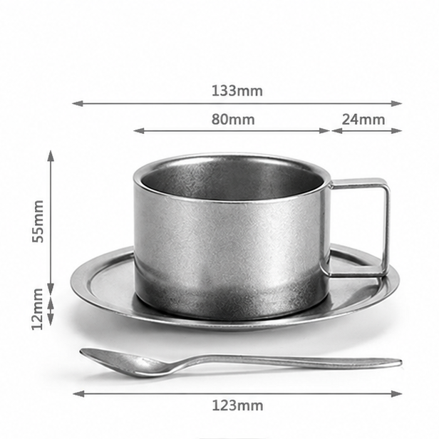 Novara Double Walled Stainless Steel Coffee Cup, Saucer, and Spoon Set