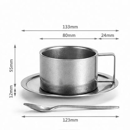 Novara Double Walled Stainless Steel Coffee Cup, Saucer, and Spoon Set