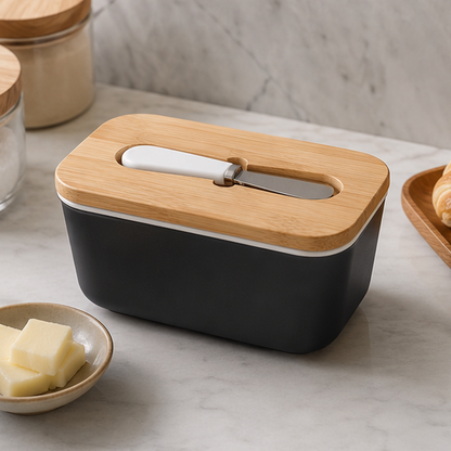 Eloria Ceramic Butter Dish with Bamboo Lid and Spreader Knife