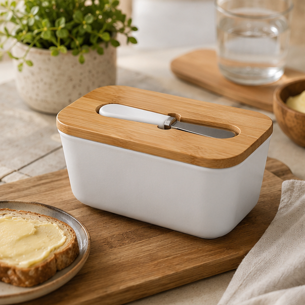 Eloria Ceramic Butter Dish with Bamboo Lid and Spreader Knife