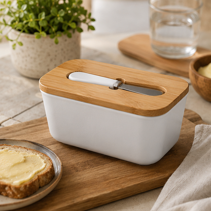 Eloria Ceramic Butter Dish with Bamboo Lid and Spreader Knife