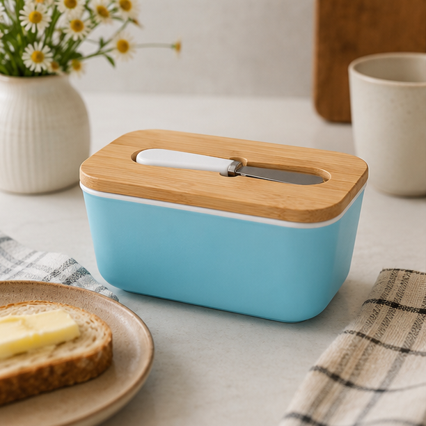Eloria Ceramic Butter Dish with Bamboo Lid and Spreader Knife