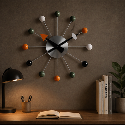 Novara Mid-Century Modern Silent Wall Clock - Colorful Orb Starburst Design, Non-Ticking 13-inch Metal Decor