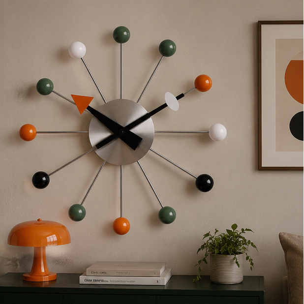 Novara Mid-Century Modern Silent Wall Clock - Colorful Orb Starburst Design, Non-Ticking 13-inch Metal Decor