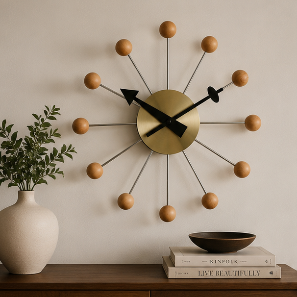 Novara Mid-Century Modern Silent Wall Clock - Colorful Orb Starburst Design, Non-Ticking 13-inch Metal Decor