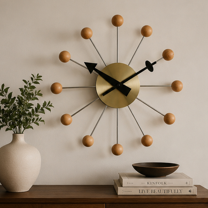 Novara Mid-Century Modern Silent Wall Clock - Colorful Orb Starburst Design, Non-Ticking 13-inch Metal Decor