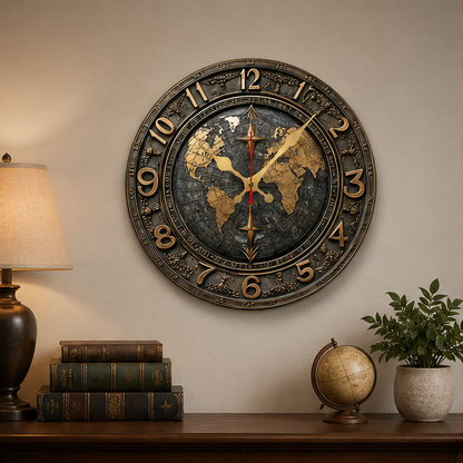 Eloria Vintage World Map Silent Wall Clock - Nautical Round Wood Decor