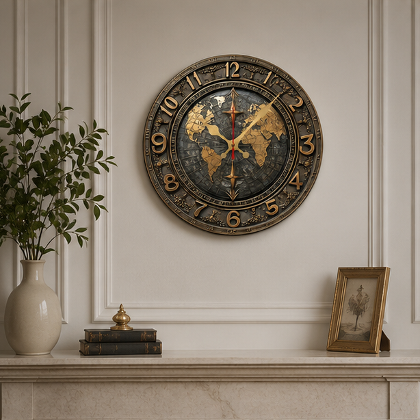 Eloria Vintage World Map Silent Wall Clock - Nautical Round Wood Decor