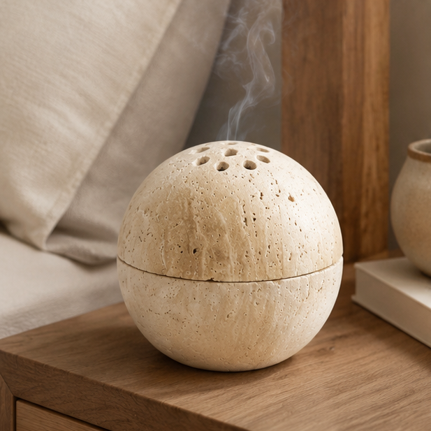 Royora Travertine Stone Orb Incense Burner - Elegant Home Decor and Aromatherapy