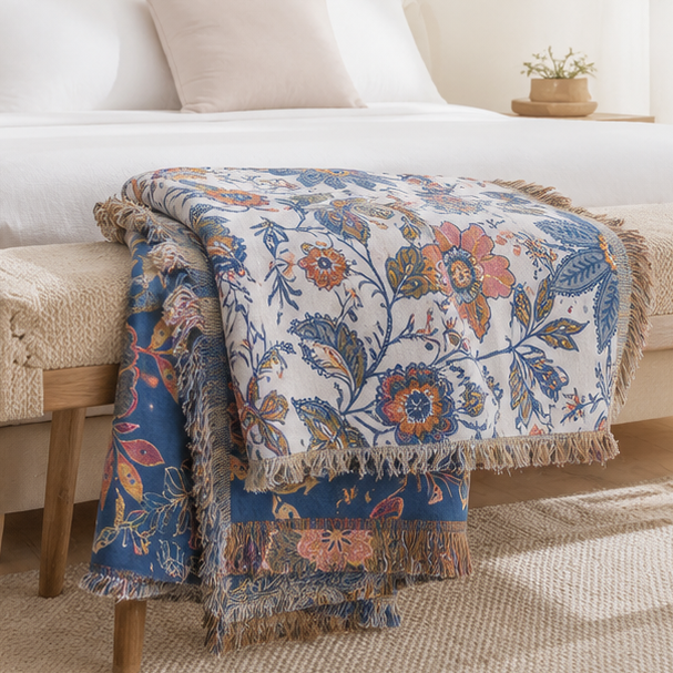 Novara Botanical Jacquard Throw Blanket-Reversible Floral Sofa & Bed Cover with Tassels