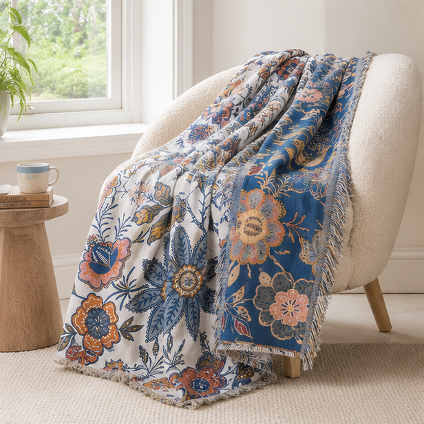 Novara Botanical Jacquard Throw Blanket-Reversible Floral Sofa & Bed Cover with Tassels