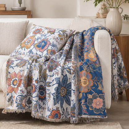 Novara Botanical Jacquard Throw Blanket-Reversible Floral Sofa & Bed Cover with Tassels