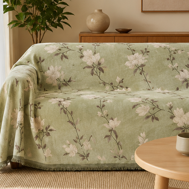 Novara Black Floral Jacquard Sofa Cover with Tassel Trim for Living Room