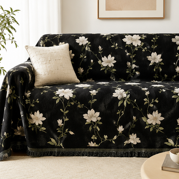 Novara Black Floral Jacquard Sofa Cover with Tassel Trim for Living Room