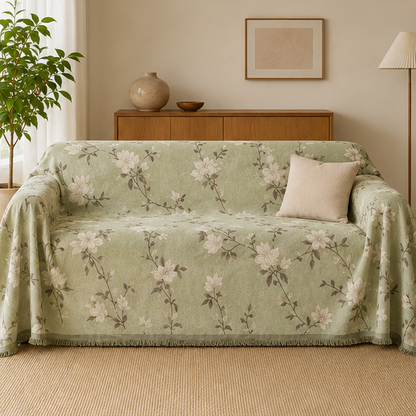 Novara Black Floral Jacquard Sofa Cover with Tassel Trim for Living Room