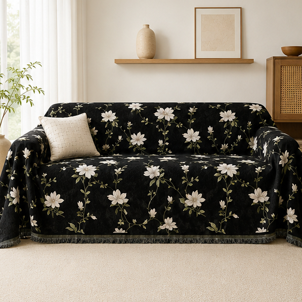 Novara Black Floral Jacquard Sofa Cover with Tassel Trim for Living Room