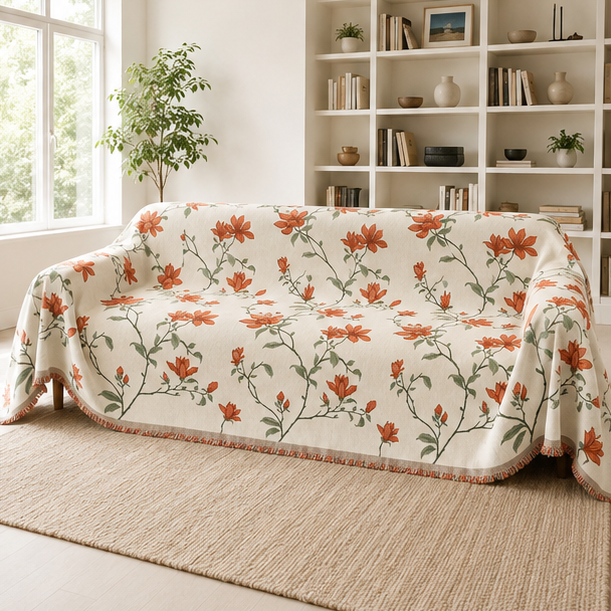 Novara Black Floral Jacquard Sofa Cover with Tassel Trim for Living Room