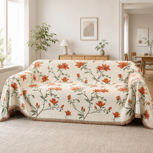 Novara Black Floral Jacquard Sofa Cover with Tassel Trim for Living Room