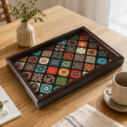 Novara Decorative Bohemian Pattern Wooden Serving Tray for Tabletop