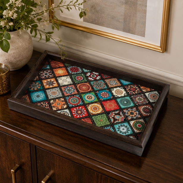 Novara Decorative Bohemian Pattern Wooden Serving Tray for Tabletop