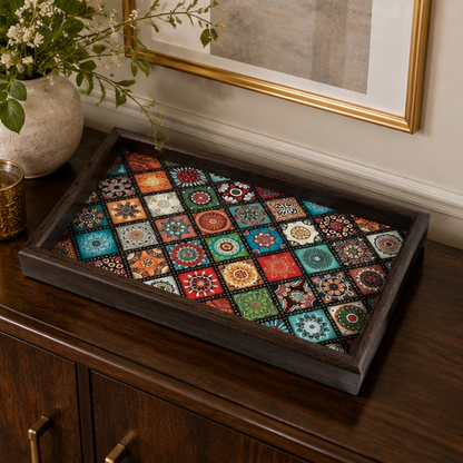 Novara Decorative Bohemian Pattern Wooden Serving Tray for Tabletop