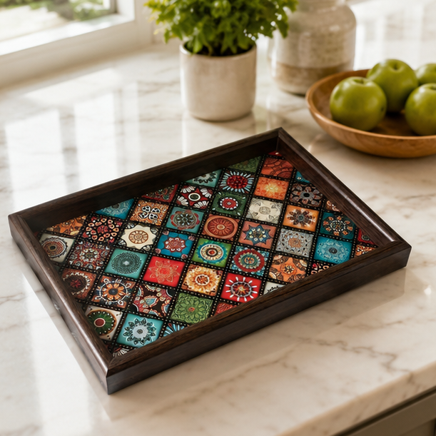 Novara Decorative Bohemian Pattern Wooden Serving Tray for Tabletop