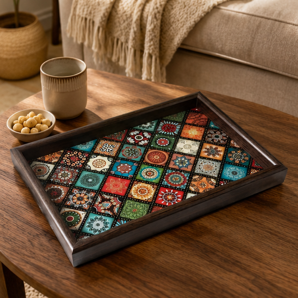 Novara Decorative Bohemian Pattern Wooden Serving Tray for Tabletop