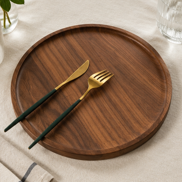 Novara Acacia Wood Serving Tray-Round Decorative Ottoman Tray