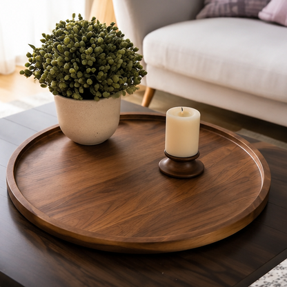 Novara Acacia Wood Serving Tray-Round Decorative Ottoman Tray