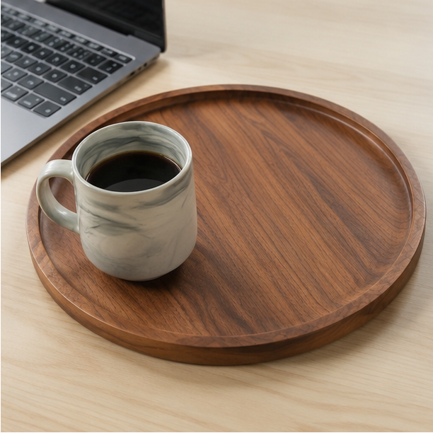 Novara Acacia Wood Serving Tray-Round Decorative Ottoman Tray