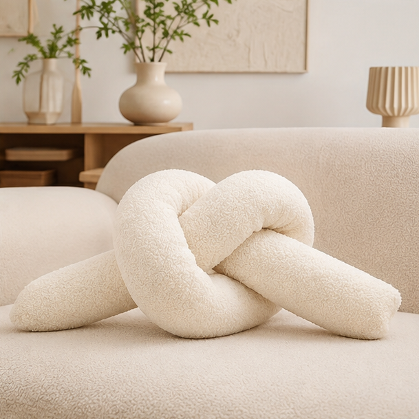 Novara Cream Knot Pillow-Trendy Decor Soft Sherpa Unique Throw Cushion