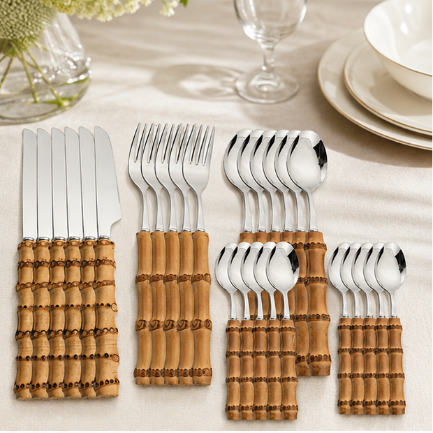 Novara 24 Piece Stainless Steel Bamboo Handle Flatware Set
