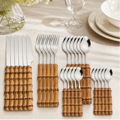 Novara 24 Piece Stainless Steel Bamboo Handle Flatware Set