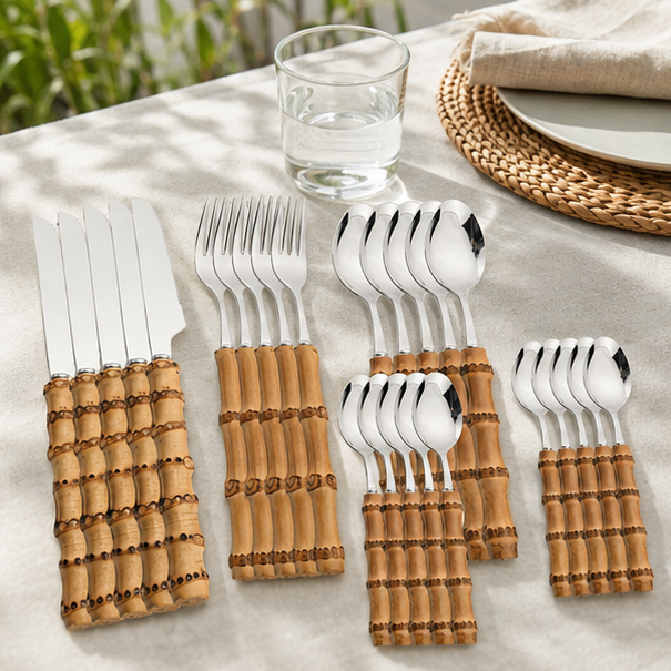 Novara 24 Piece Stainless Steel Bamboo Handle Flatware Set