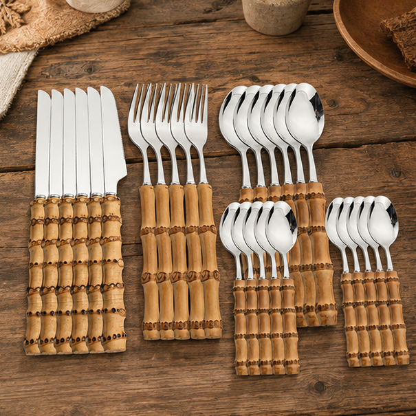Novara 24 Piece Stainless Steel Bamboo Handle Flatware Set