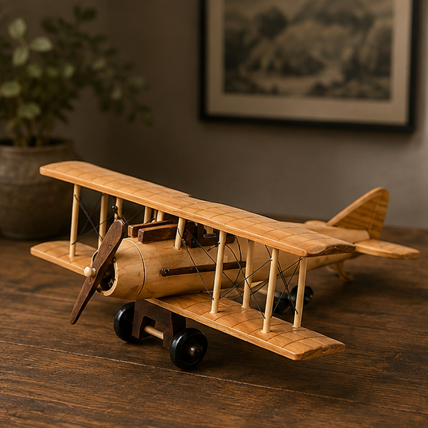 Royelle Handcrafted Vintage Wooden Biplane Model - Rustic Aviation Decor