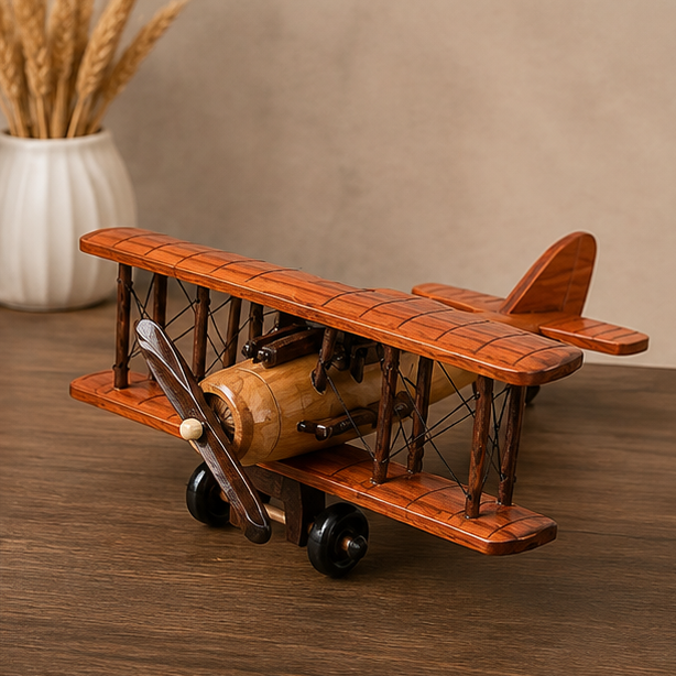 Royelle Handcrafted Vintage Wooden Biplane Model - Rustic Aviation Decor