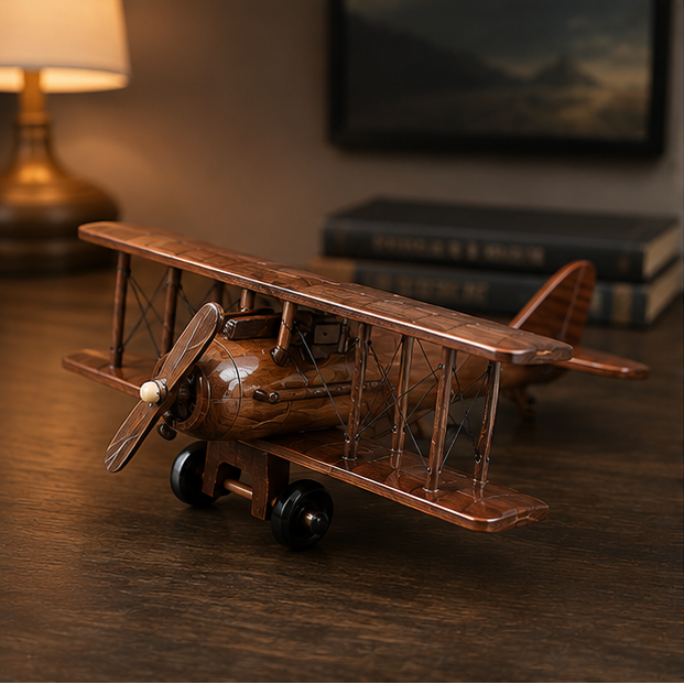 Royelle Handcrafted Vintage Wooden Biplane Model - Rustic Aviation Decor