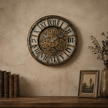 Eloria Oversized Industrial Steampunk Wall Clock with Real Moving Gears