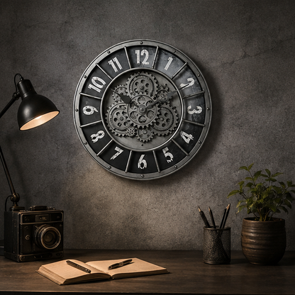 Eloria Oversized Industrial Steampunk Wall Clock with Real Moving Gears