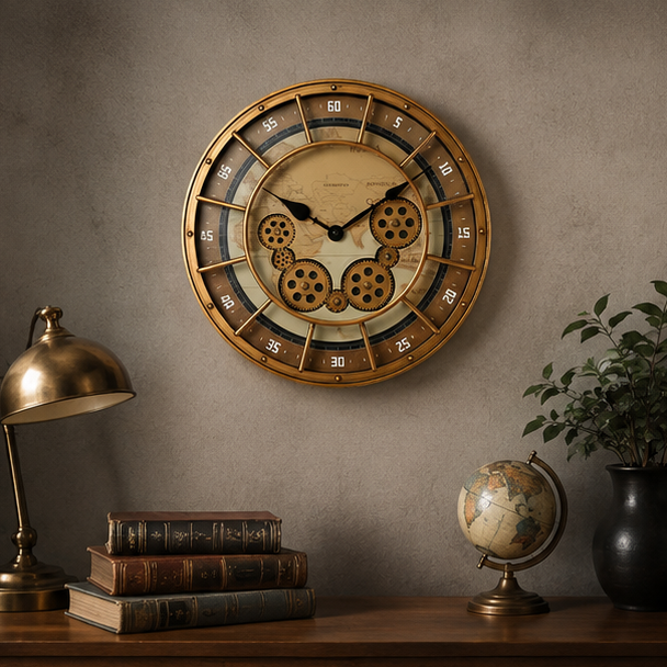 Eloria Oversized Industrial Steampunk Wall Clock with Real Moving Gears