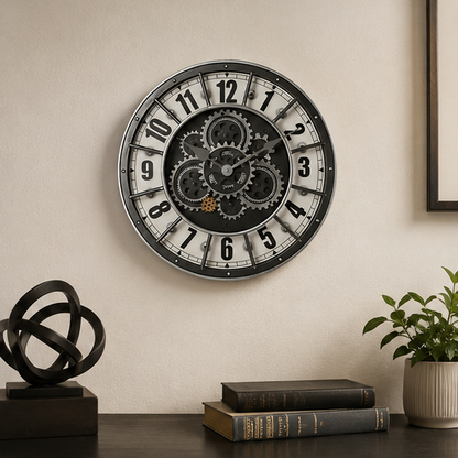 Eloria Oversized Industrial Steampunk Wall Clock with Real Moving Gears
