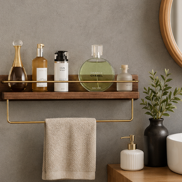 Royeva Wall Mounted Floating Shelf with Gold Rail - Modern Wood Bathroom Organizer