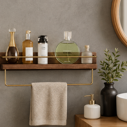 Royeva Wall Mounted Floating Shelf with Gold Rail - Modern Wood Bathroom Organizer