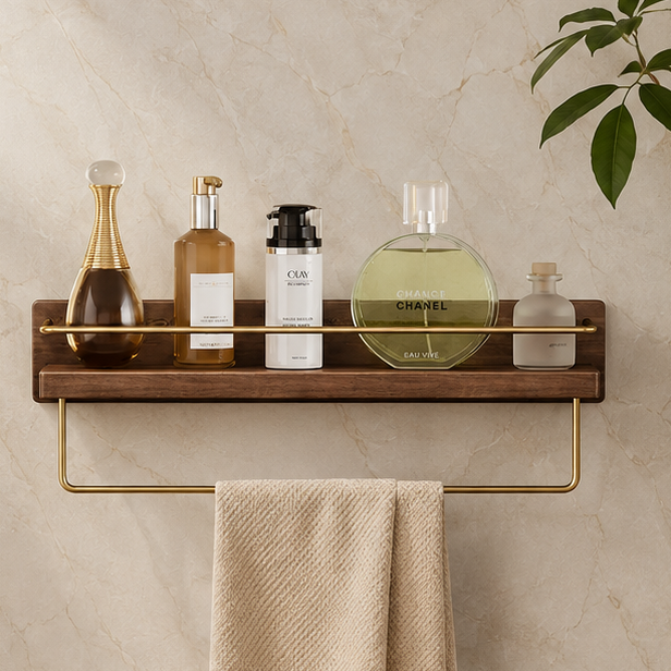 Royeva Wall Mounted Floating Shelf with Gold Rail - Modern Wood Bathroom Organizer