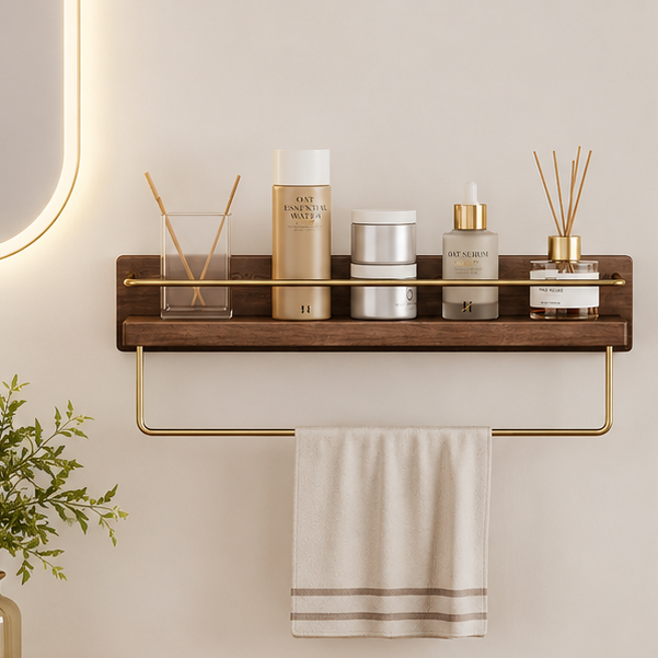 Royeva Wall Mounted Floating Shelf with Gold Rail - Modern Wood Bathroom Organizer